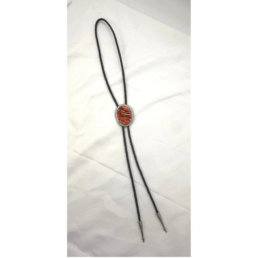 Vintage Western Bolo Tie Cowboy Marbled Oval Silver Tone Braided Black Cord